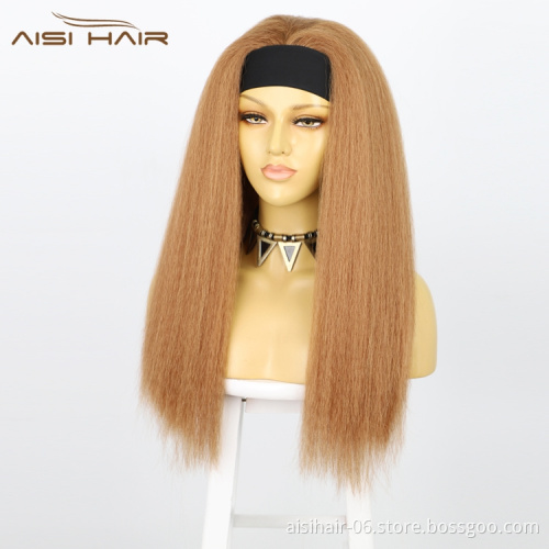 Aisi Hair Light Brown Glueless 26'' Cheap Straight Yaki Synthetic Attached Wholesale Grip For Black Women Headband Wig